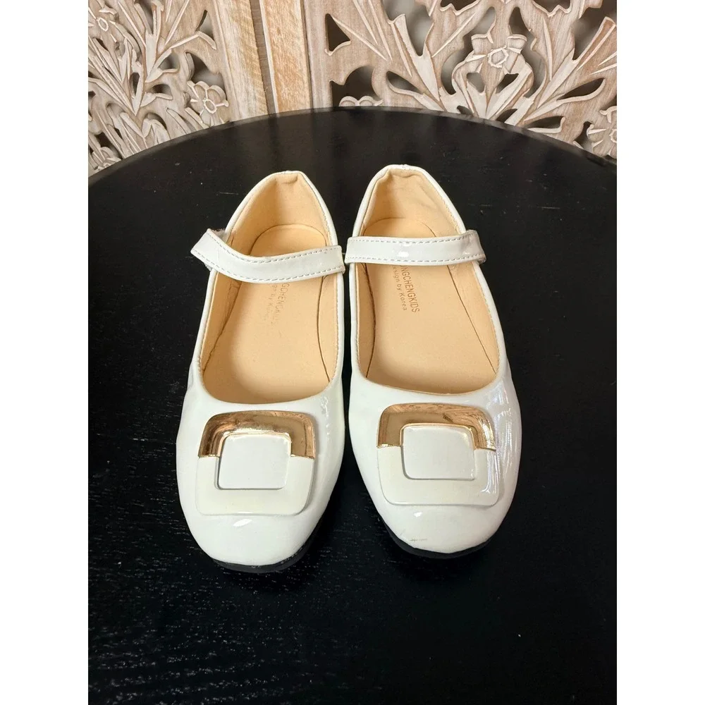 Hongchengkids White Patent Mary Jane Flats Gold Buckle Square Toe EU 32